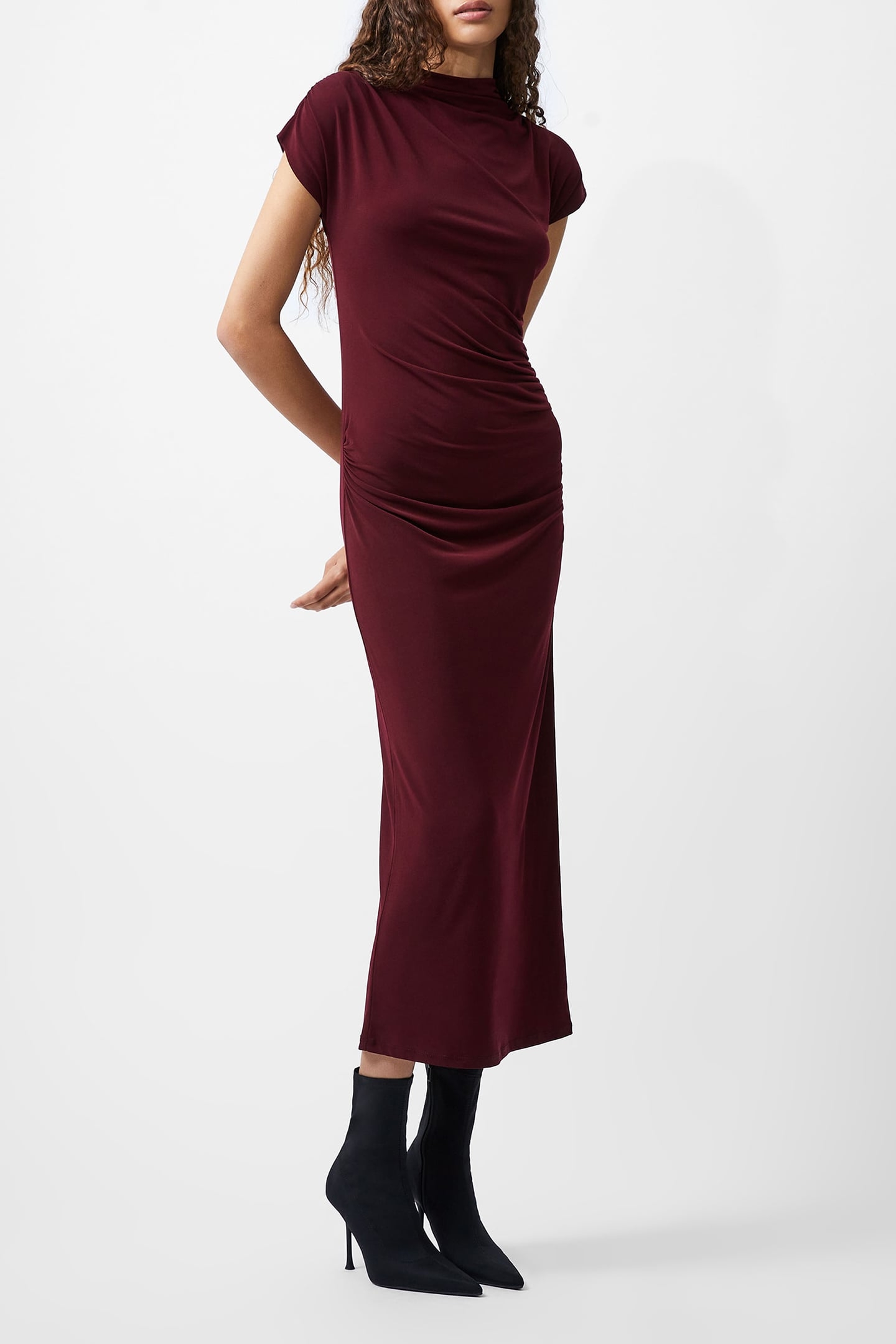DRAPE MOCK NECK DRESS BURGUNDY 1