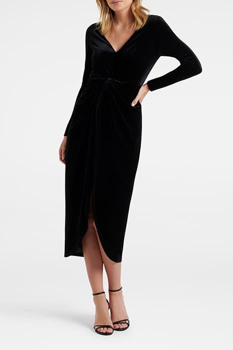 SOFIA VELVET TWIST FRONT MIDI DRESS BLACK by Forever New