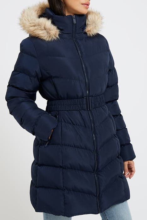 FAUX FUR TRIM HOODED BELTED PADDED COAT DARK NAVY by French Connection