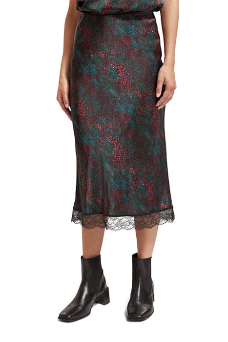 SATIN HIGH RISE MIDI SKIRT WITH LACE DETAIL SNAKE by Scotch & Soda