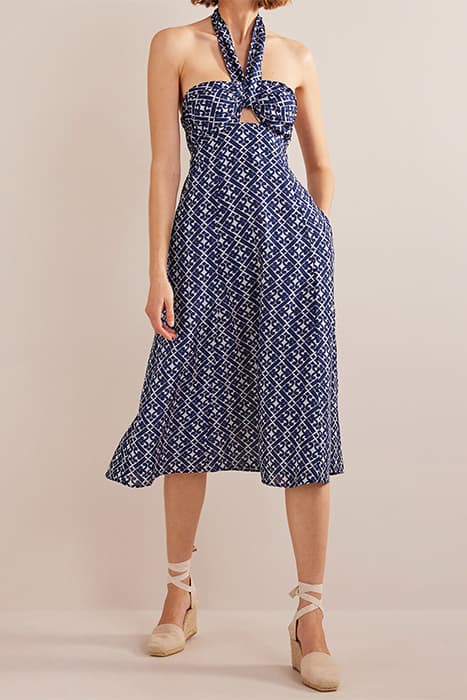 HALTERNECK CUT OUT MIDI DRESS PRUSSIAN BLUE, TRANQUIL GEO by Boden