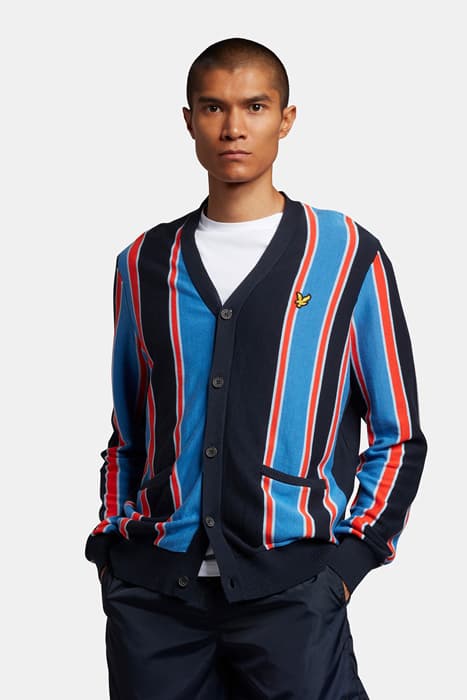 VERTICAL STRIPE CARDIGAN FLYER RED/ SPRING BLUE by Lyle & Scott