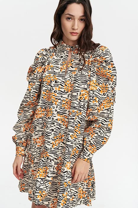 GATHERED VOLANT DRESS WILD PRINT ORANGE by Marcell von Berlin