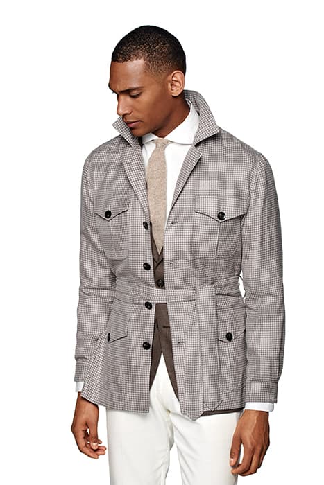 TAUPE HOUNDSTOOTH BELTED SAFARI JACKET by Suitsupply