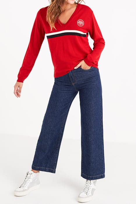 CANDY RED KNIT SWEATER WITH BADGE & 2-TONE STRIPES by ICODE