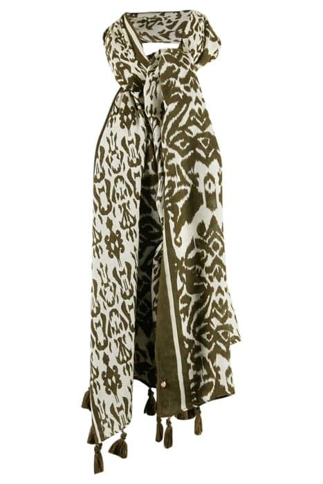 DUAL IKAT PRINT TASSEL SCARF GREEN by River Woods