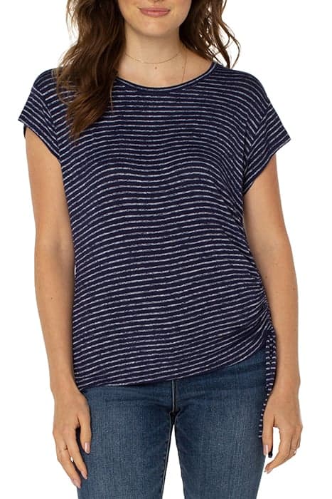 SHORT SLEEVE SCOOP NECK W/ SIDE TIE DETA TRUE NAVY STRIPE by Liverpool