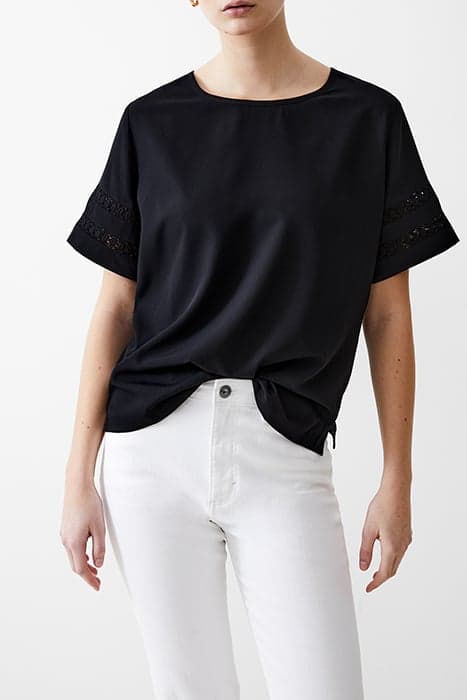 CROCHET TRIM CREPE LIGHT TOP BLACK by French Connection