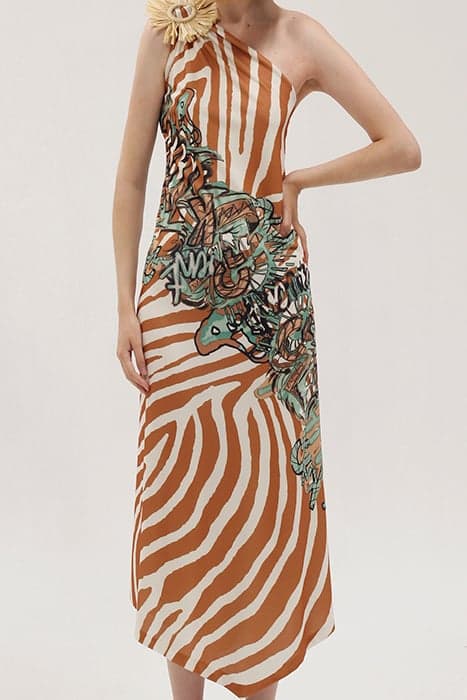 LONG GRAFFITI PRINT KNIT DRESS WITH ASYMMETRICAL HEM BROWN by OKY