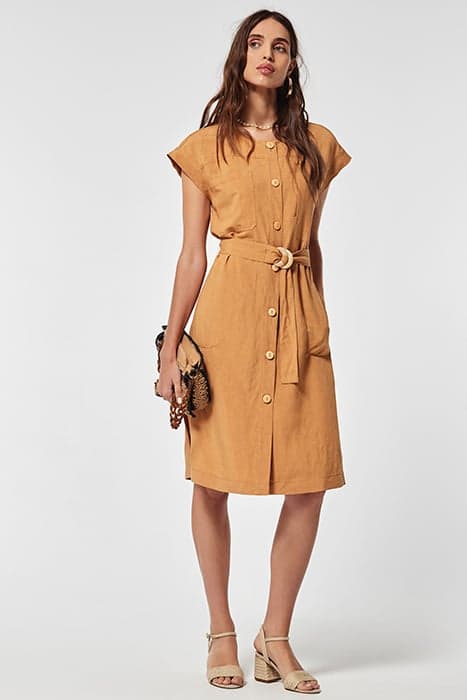 LINEN VISCOSE GUFY DRESS CAMEL STITCHES ORANGE by OKY