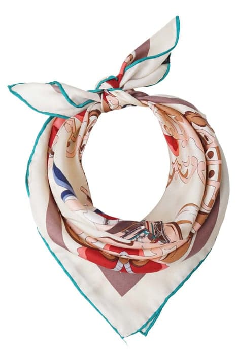 SILK SQUARED SCARF OFFWHITE WITH HORSE OFFWHITE, PINK, BROWN by Mucho Gusto