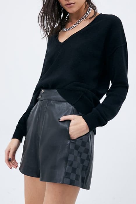 BLACK CHECKERBOARD MOTIF LEATHER HIGH-WAIST SHORTS BLACK by IKKS