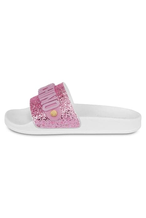 LETTERING LOGO GLITTER POOL SLIDES WHITE by Moschino