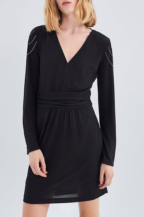 WOMEN'S SHORT BLACK BELTED V-NECK DRESS by IKKS