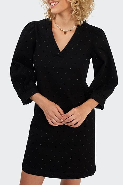 BLACK DENIM DRESS WITH GOLD POLKA DOT PRINT by ICODE