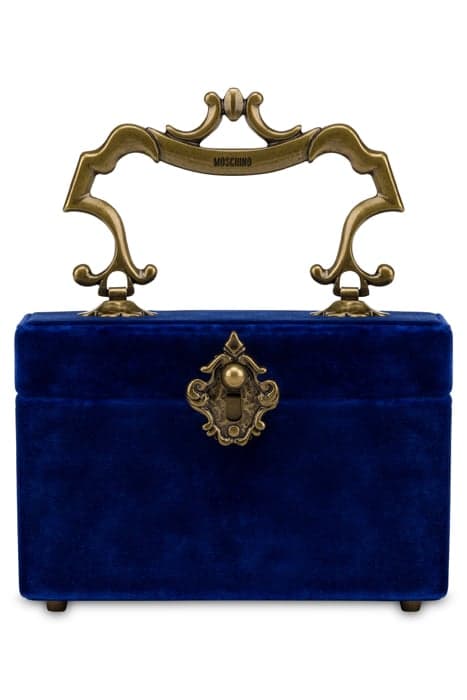 SMALL VELVET BAG HANDLE WITH CARE BLUE by Moschino