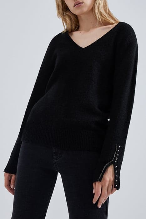 BLACK KNIT SWEATER WITH DIAMANTE & STUDS ON CUFFS BLACK by IKKS