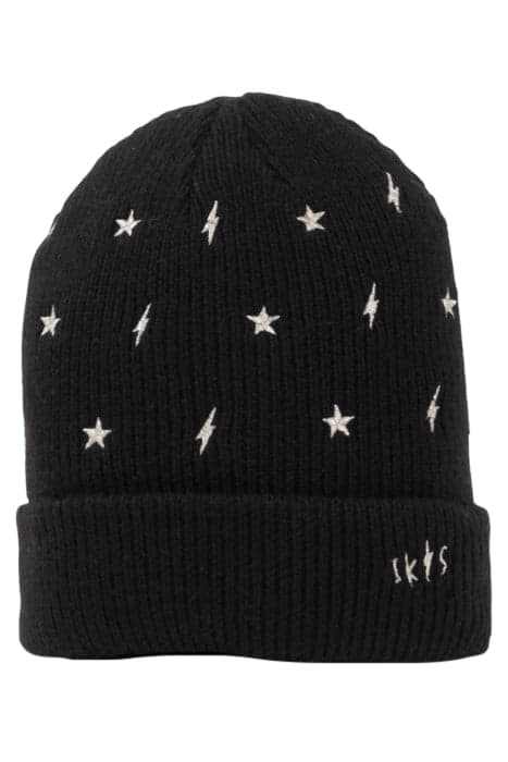 GIRLS’ BLACK KNIT BEANIE, EMBROIDERED GOLD STARS/LIGHTNING B by IKKS