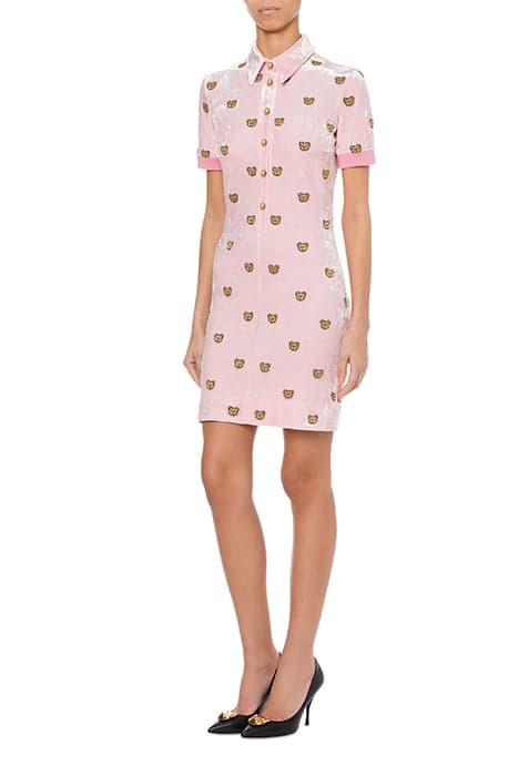 TEDDY EMBROIDERY STRETCH VELOR DRESS PINK by Moschino