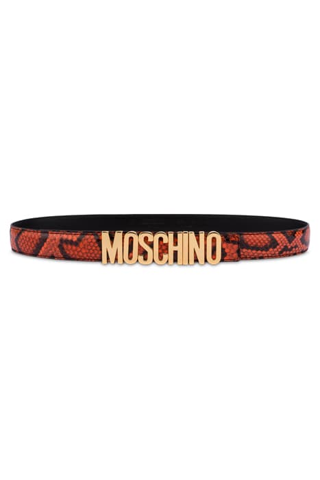 PYTHON LETTERING LOGO PRINT CALFSKIN BELT RED by Moschino