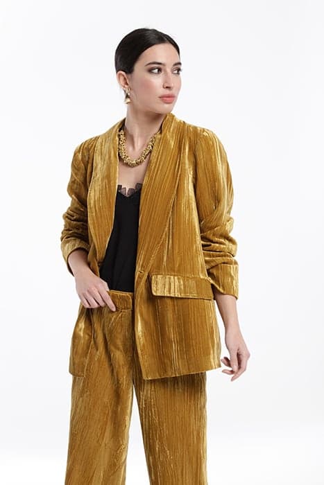 CRUSHED VELVET TUXEDO NECK JACKET MUSTARD by OKY