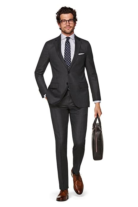 DARK GREY BIRD'S EYE SLIM LEG STRAIGHT TROUSERS by Suitsupply