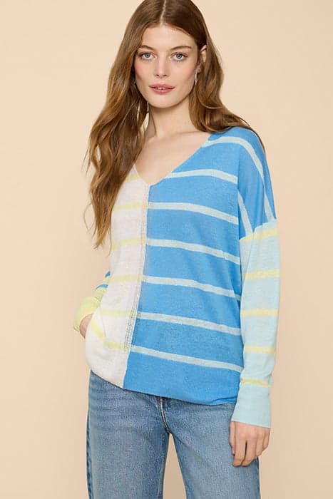 LINEN V NECK JUMPER BLUE MULTI by White Stuff