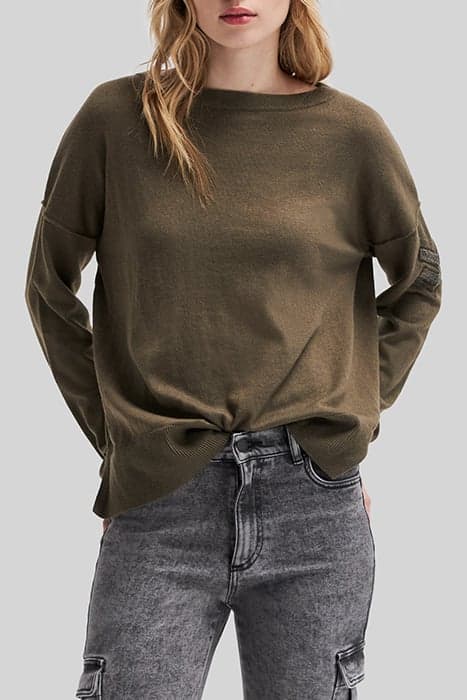 KHAKI HERRINGBONE BOAT-NECK JUMPER WITH JEWELS AND STITCHES by IKKS