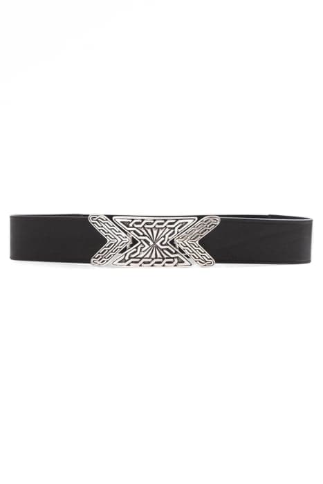 BLACK LEATHER DRESS BELT, ENGRAVED METAL BUCKLE by IKKS