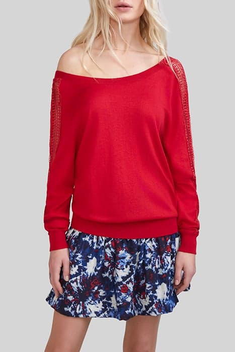 RED KNIT CARDIGAN WITH GUIPURE LACE SLEEVES by IKKS