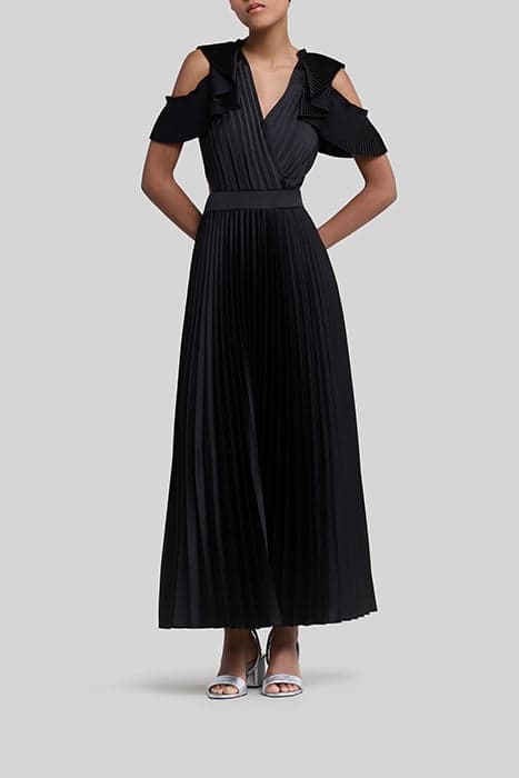 BLACK RECYCLED PLEATED LONG DRESS, SIDE CUT-OUTS by IKKS