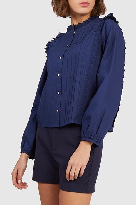 INDIGO BLOUSE WITH STITCHED PLEATS AND EMBROIDERY by ICODE